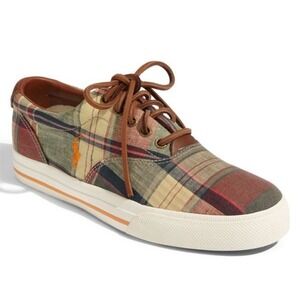 Men's Polo Ralph Lauren Vaughn Madras Plaid Fabric Leather Sneakers Mens 12 D